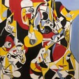 Party przy muzyce Hansa Abrahamsena, olej na płótnie, 100x140 cm, 2024
