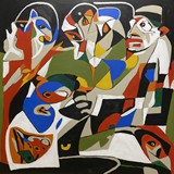 Party z pizzą,  akryl na płótnie, 70x70cm, 2025