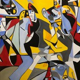 Taniec przy muzyce Arnolda Grillera, olej na płótnie, 100x140cm, 2024